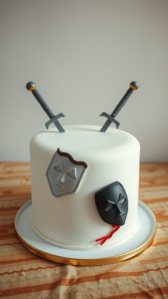 A white birthday cake decorated with fencing masks and swords.