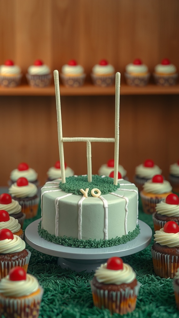Cupcake stand featuring a football field goal post with decorated cupcakes