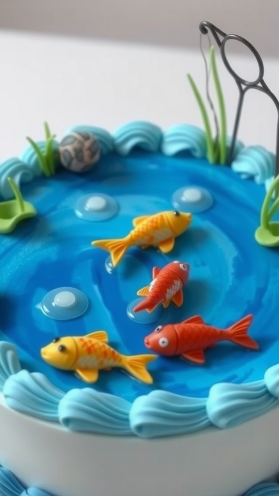 A cake designed like a fishing pond with edible fish and blue icing