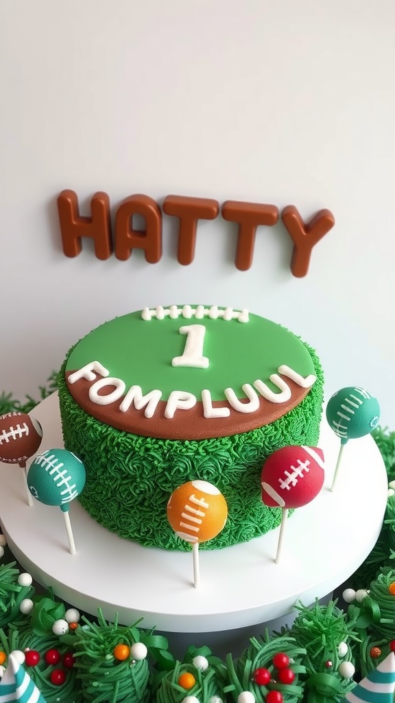 Football themed birthday cake with cake pops in green and brown colors
