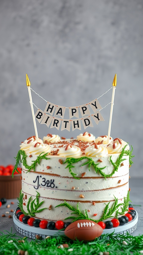 A football-themed birthday cake with a 'Happy Birthday' banner, football decorations, and colorful toppings.