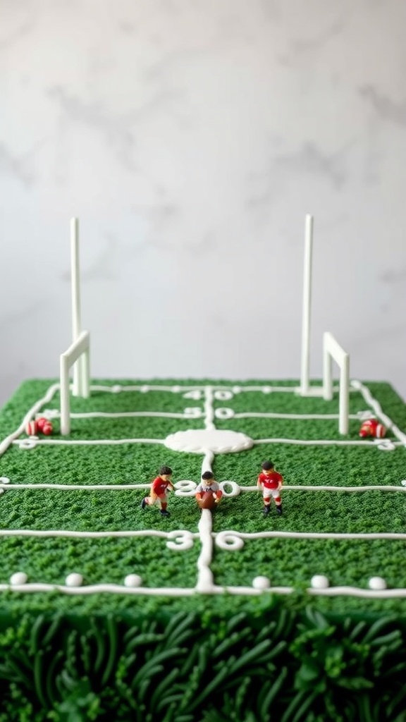 A football field cake with goal posts, decorated with green icing and miniature players.