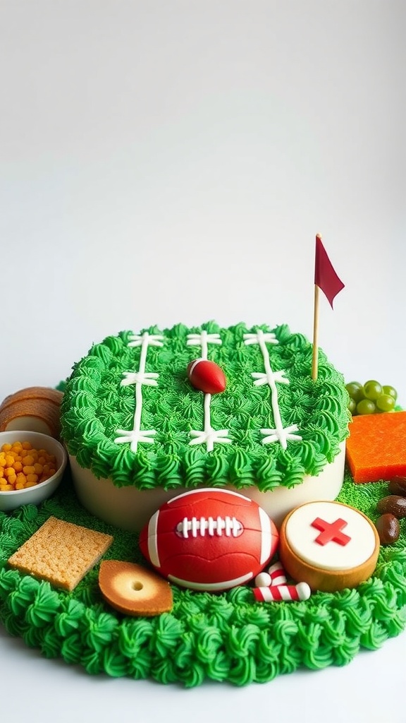 A football-themed birthday cake designed like a football field with green frosting and various snacks around it.
