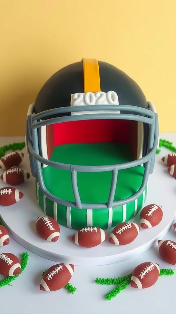 A cake designed like a football helmet with mini football decorations around it.