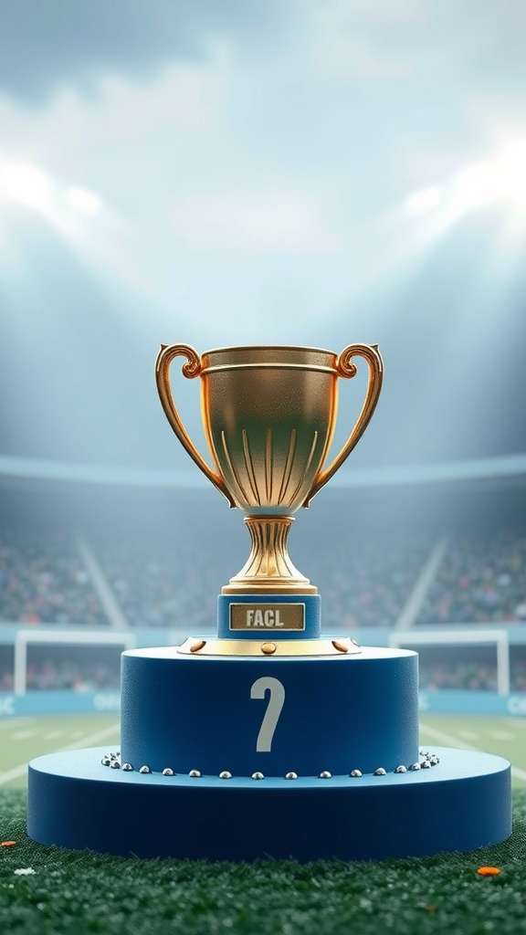 A golden trophy on a blue pedestal, set in a football stadium.
