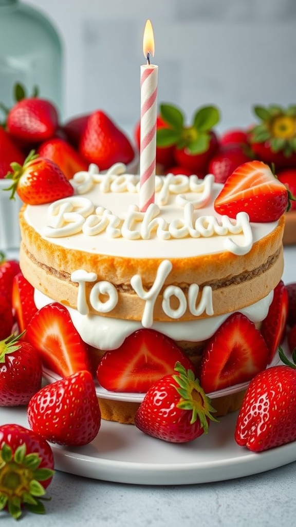 A strawberry shortcake with 'Happy Birthday to You' written on top, surrounded by fresh strawberries.