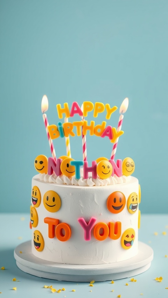 A colorful birthday cake decorated with emoji faces and candles, featuring the words 'Happy Birthday to You.'
