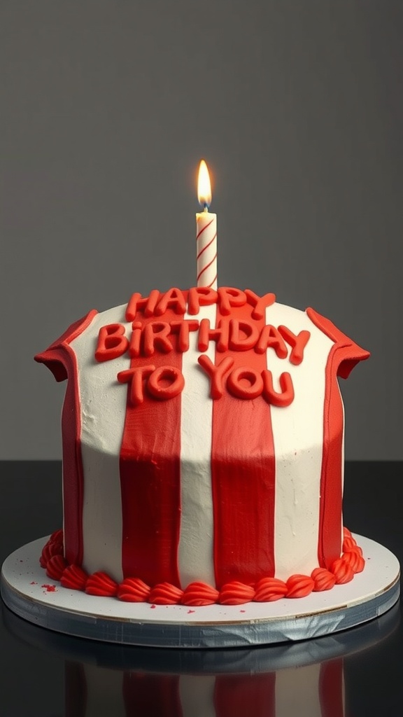 A sports jersey themed birthday cake decorated with red and white stripes and the words 'Happy Birthday to You'