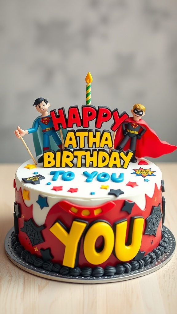 A colorful superhero-themed birthday cake with figures and a festive message