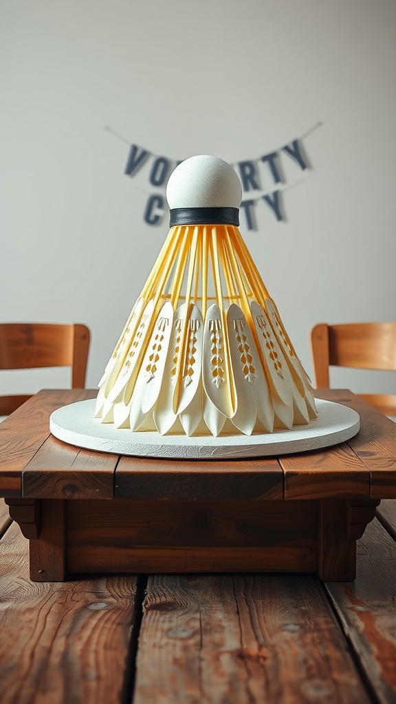 A large cake designed to resemble a badminton shuttlecock, placed on a wooden table.