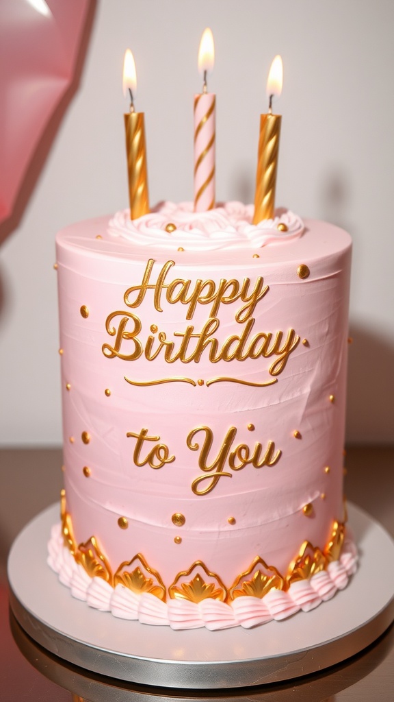 A blush pink birthday cake with golden decorations and three candles