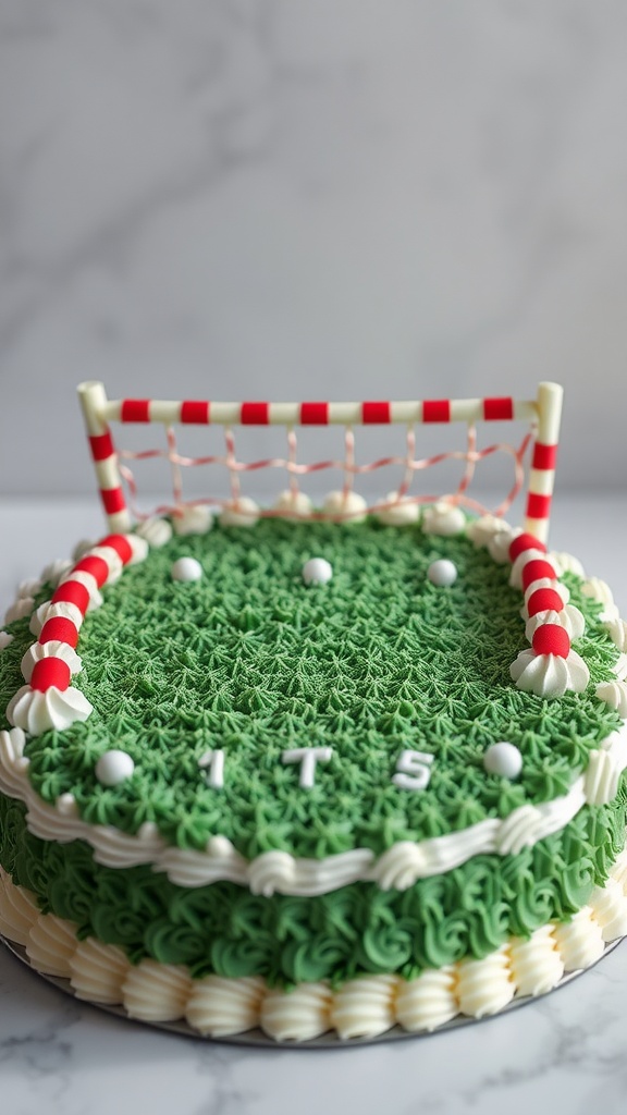 A football themed birthday cake designed to look like a green football field with a goal post.