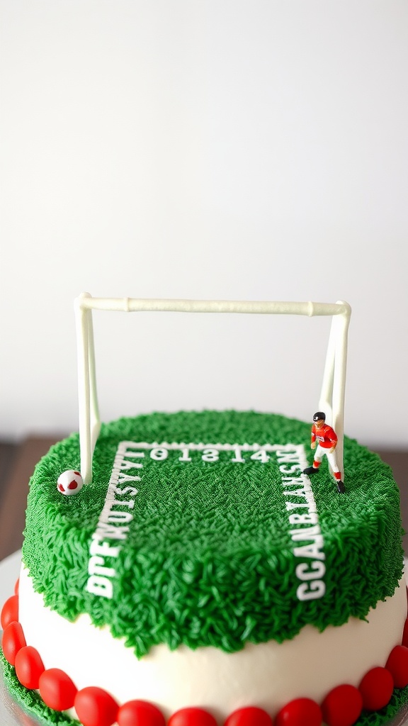 Football-themed birthday cake with green grass frosting, goalposts, and player figurine