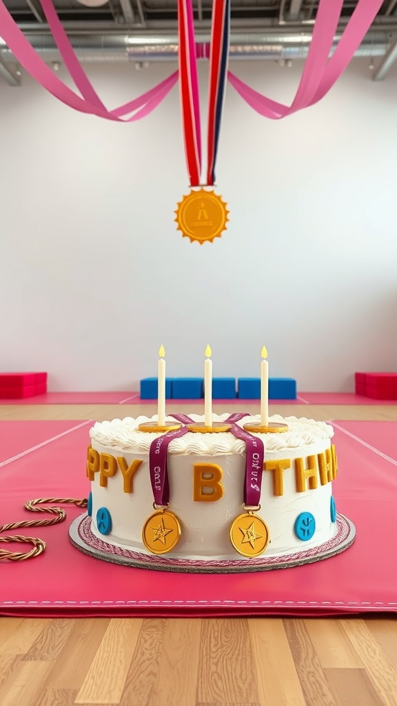 A gymnastics-themed birthday cake with medals and candles on a pink mat