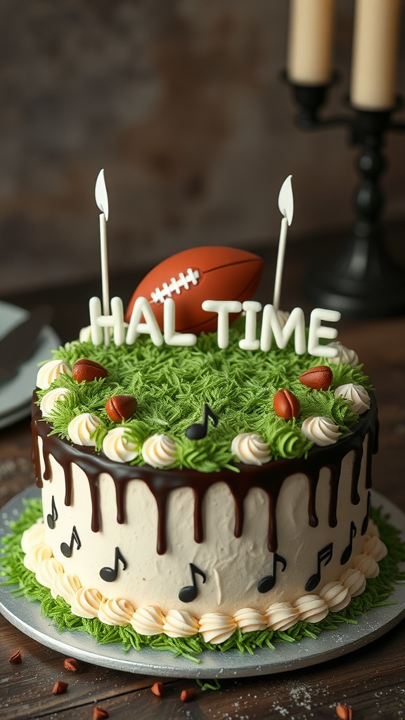A football-themed cake decorated with green frosting, musical notes, and topped with a small football.
