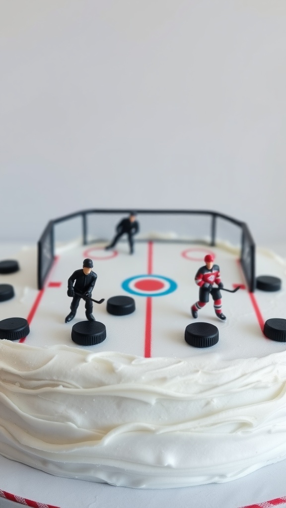 A hockey rink themed birthday cake featuring miniature figures and black pucks.
