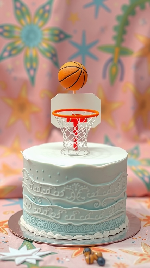 Basketball-themed cake with a hoop and ball topper