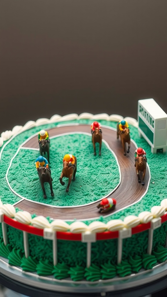 A colorful horse racing track cake decorated with jockey figurines and green frosting.