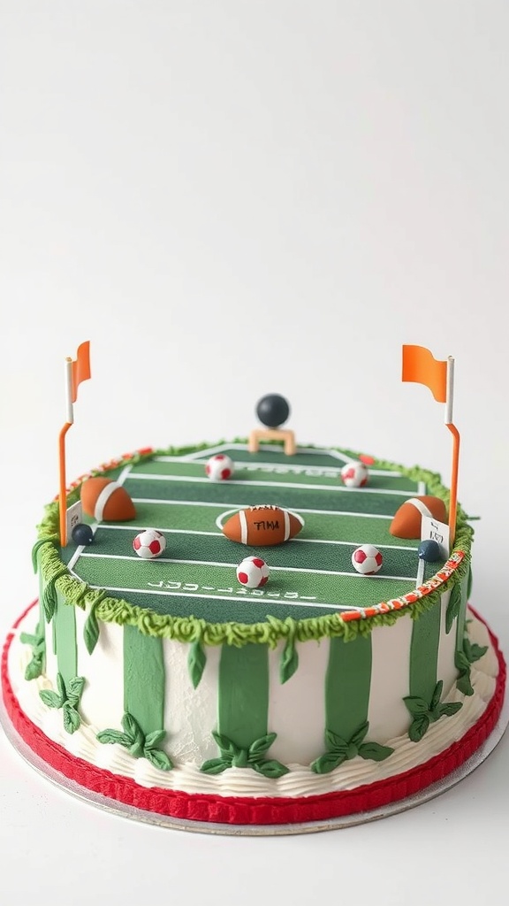 A football-themed cake designed like a game board with mini footballs and goalposts on a green field.