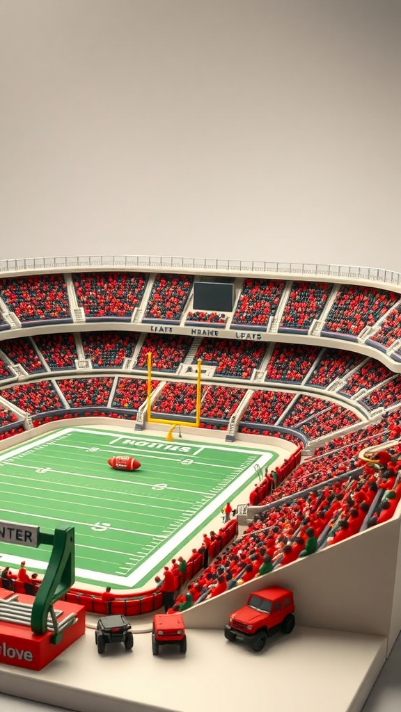 A detailed football stadium cake with seating and a miniature field.
