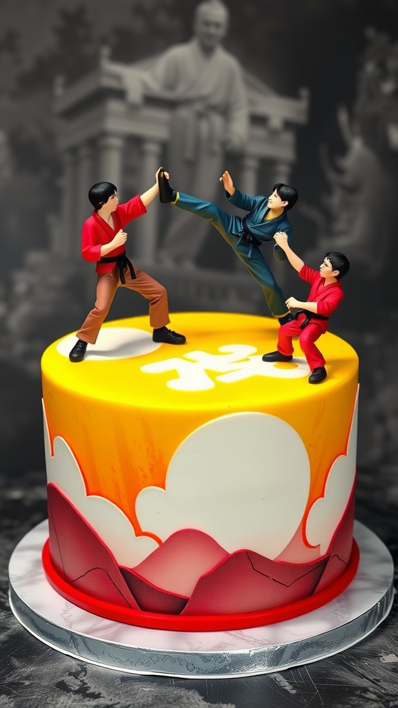 A colorful birthday cake featuring action figures in karate poses.