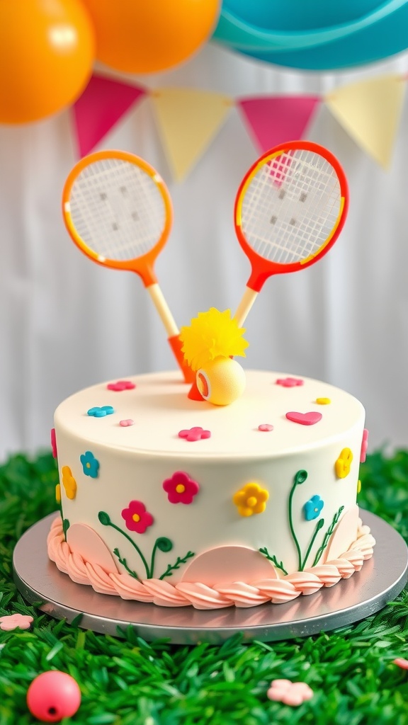 A badminton-themed birthday cake with colorful decorations and rackets.