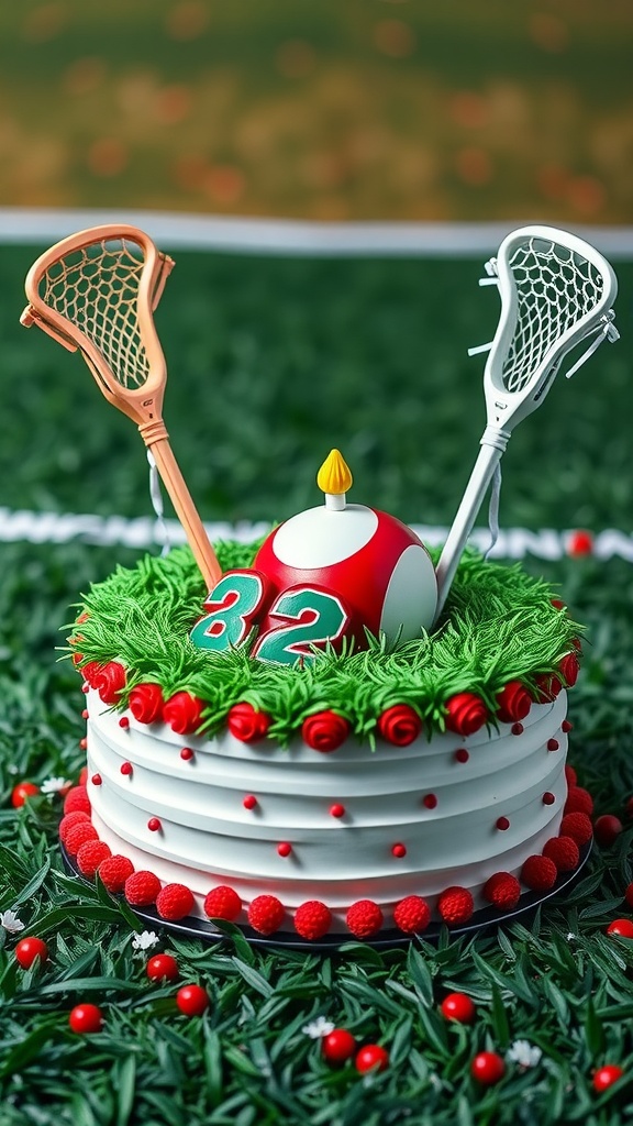A birthday cake designed like a lacrosse field, featuring decorative sticks and a ball with a candle on top.