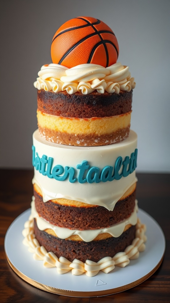 A three-tiered layered basketball cake with a basketball on top