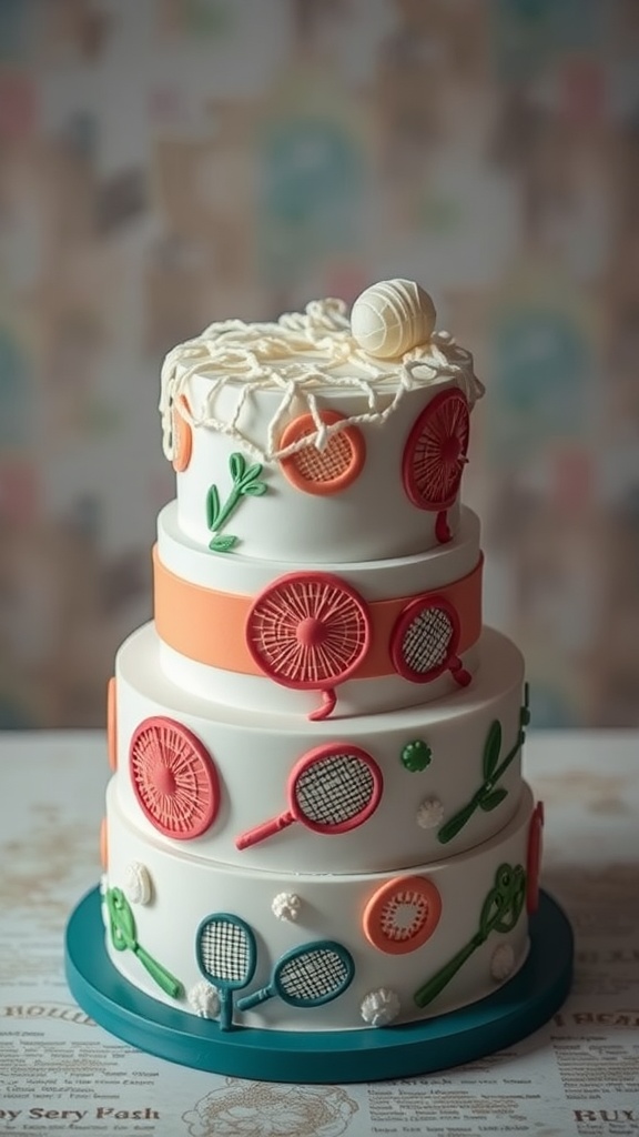A three-tiered cake decorated with badminton motifs like rackets and a shuttlecock.