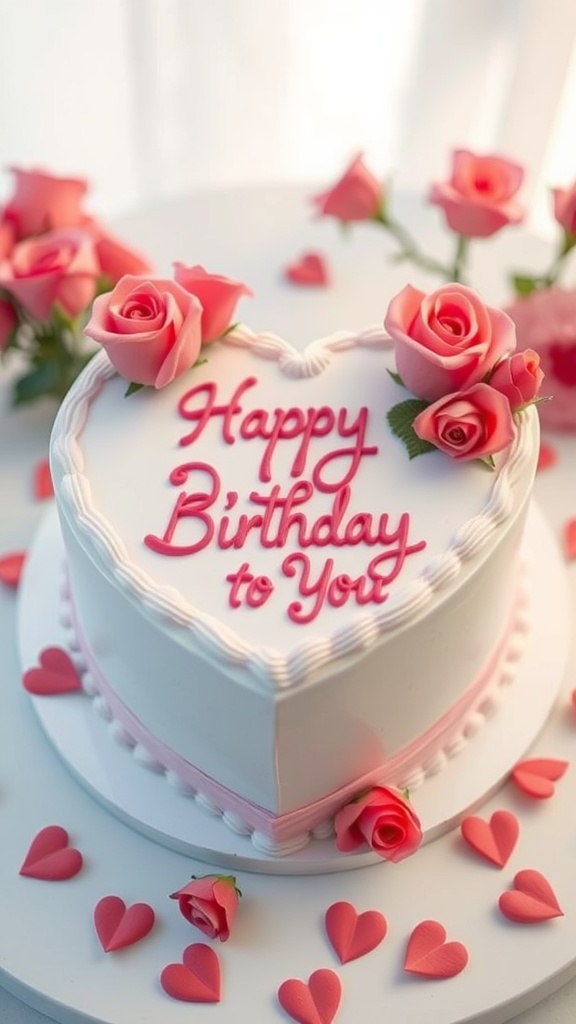 A heart-shaped birthday cake decorated with pink roses and the words 'Happy Birthday to You'