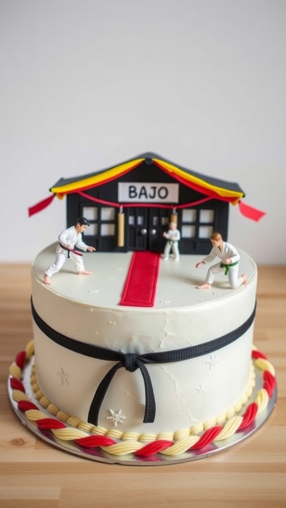 A birthday cake designed like a martial arts dojo, featuring figures in martial arts attire and decorated with a black belt.