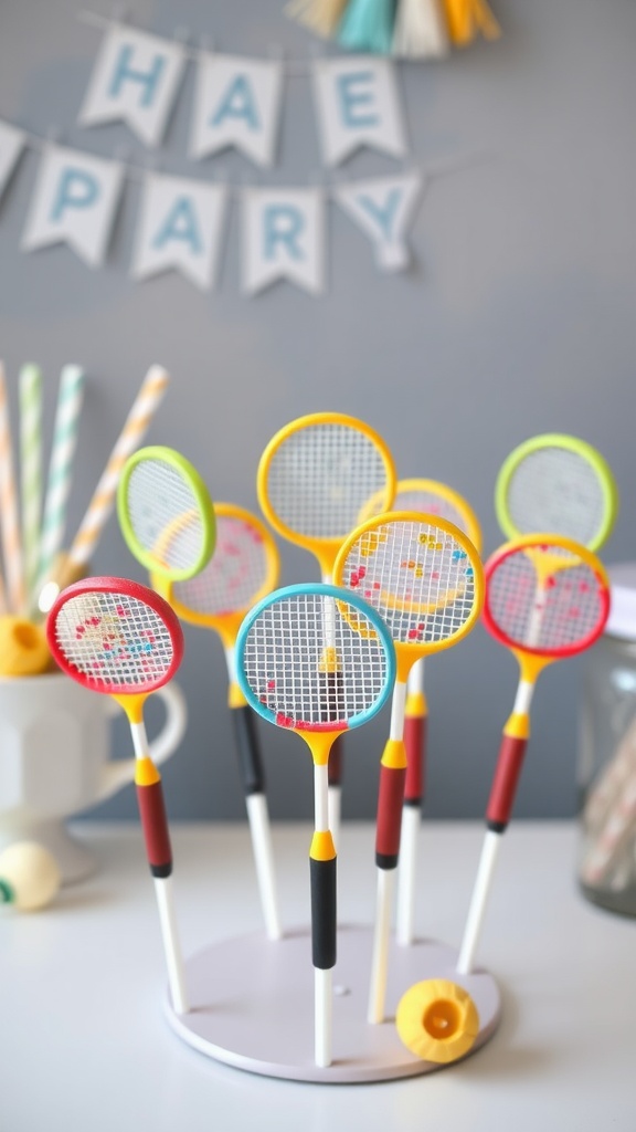 Colorful mini badminton racket cake pops displayed on a stand