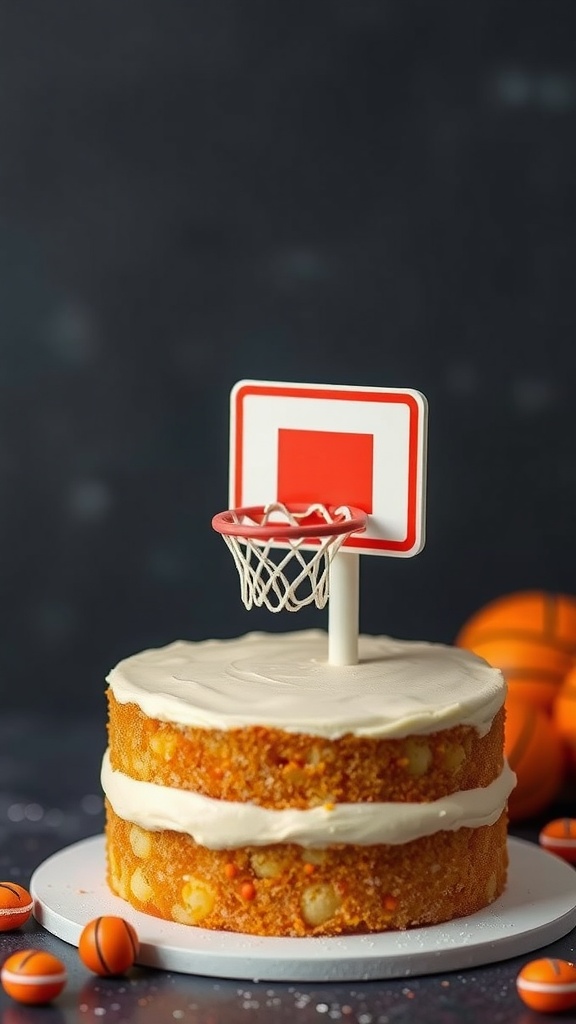 A cake designed like a mini basketball hoop, with a white frosting and basketball decorations.