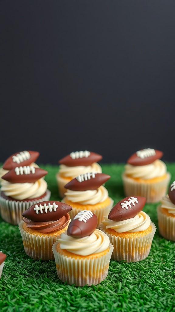 Mini cupcakes topped with chocolate footballs on a grassy surface