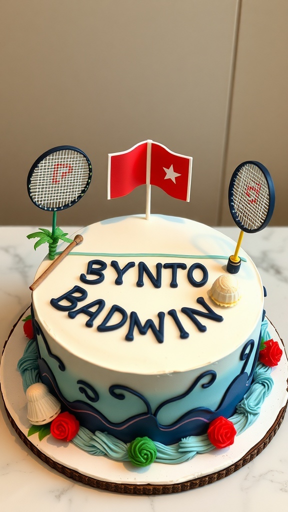 A personalized badminton-themed cake with rackets and decorations.