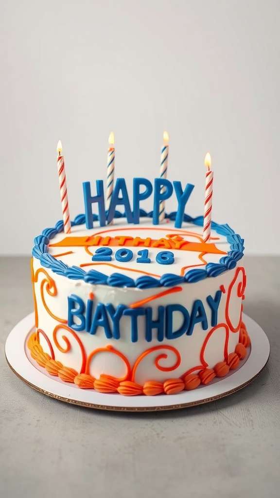 A colorful birthday cake with blue and orange decorations and candles
