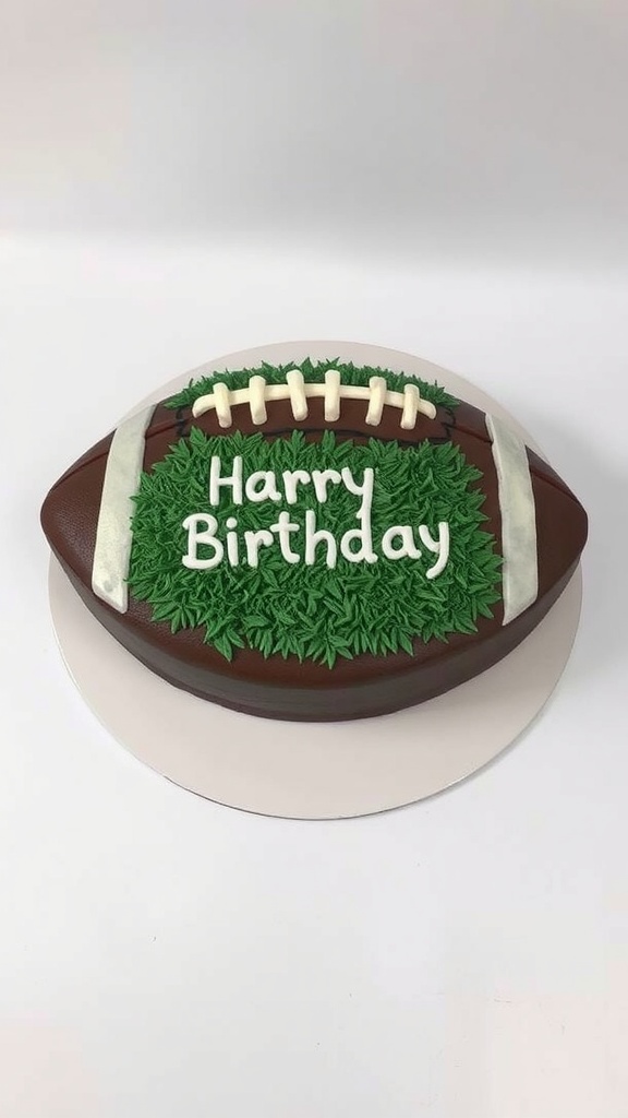 A football-themed birthday cake with green grass and birthday message.