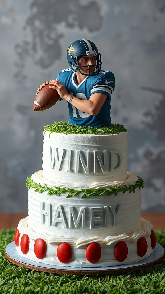 A layered football-themed cake featuring a quarterback figure on top, with grass-like decoration and football-themed elements.