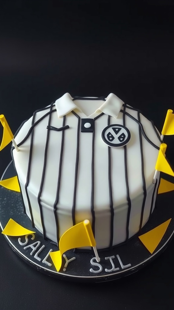 A referee-themed birthday cake with yellow flags and black and white stripes.