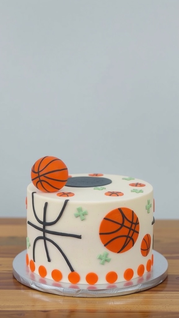 A retro basketball-themed birthday cake decorated with orange basketballs and playful designs.