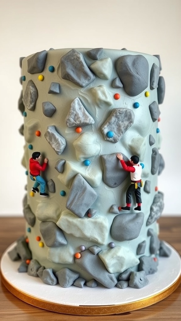 A rock climbing wall cake with two climbers on it, featuring colorful holds and a textured design.