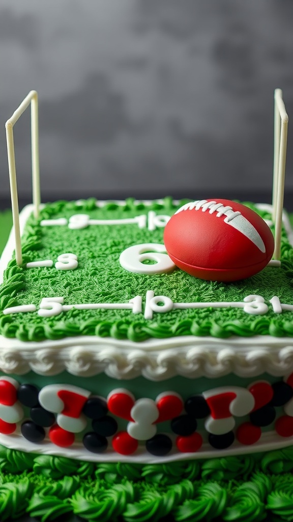 Rugby field birthday cake decorated with team colors and a football on top.