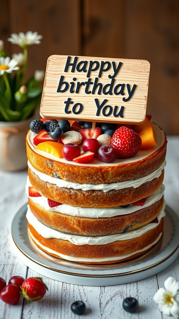 A rustic naked cake decorated with fresh fruits and a sign that reads 'Happy birthday to You'.