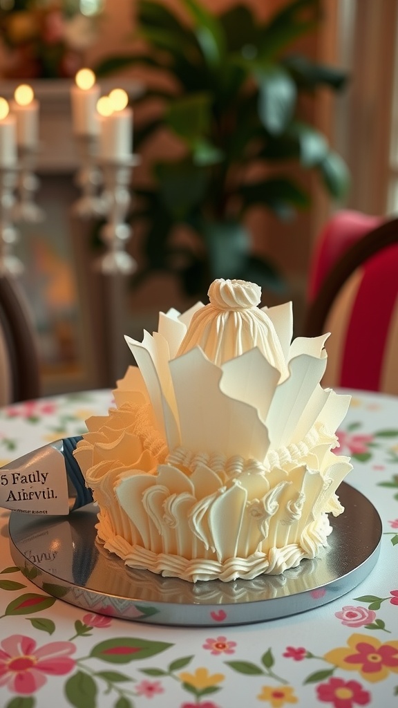 A shuttlecock-themed cake with intricate frosting details, set on a decorative table.
