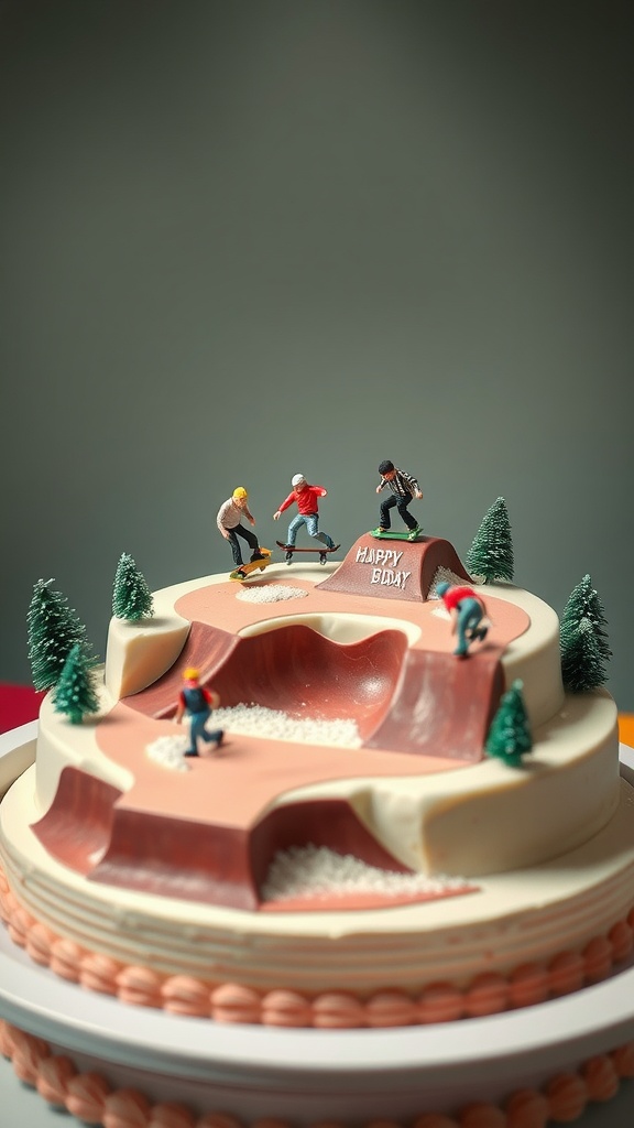 A birthday cake designed like a skatepark with mini skaters on ramps.