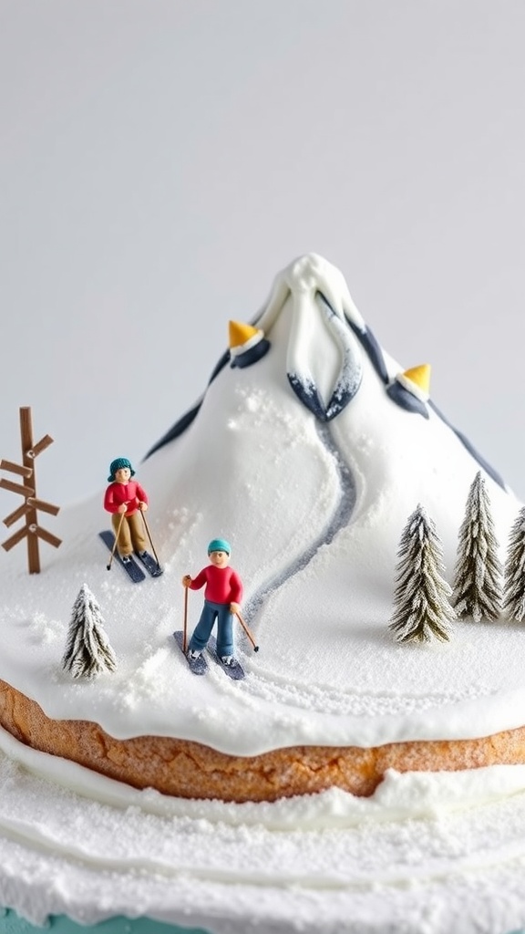A cake decorated to look like a ski mountain with powdered snow and skier figurines.