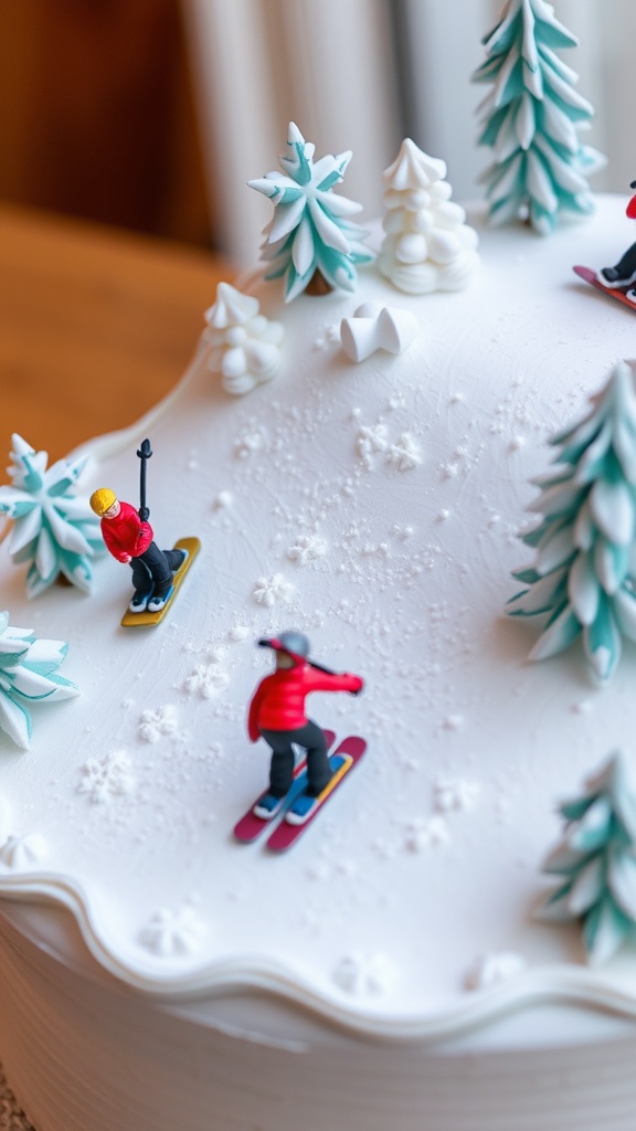 A snowboarding-themed birthday cake decorated with snowflakes and miniature snowboarders.