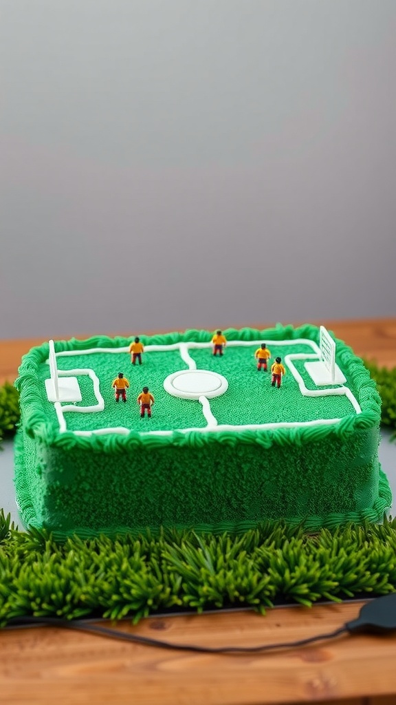 A soccer field themed birthday cake with green frosting and small player figurines.