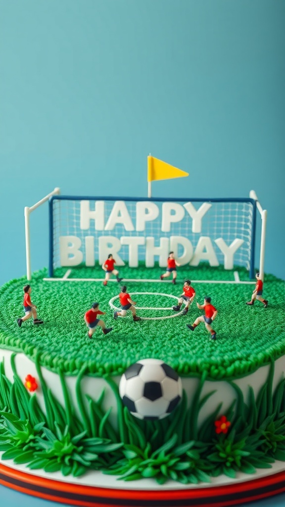 A birthday cake designed like a soccer field, featuring edible grass, players, and a goal.