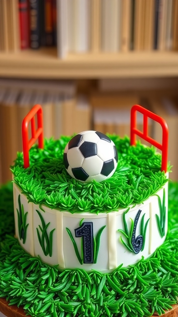 Soccer field themed birthday cake with edible grass, a soccer ball, and small goalposts.